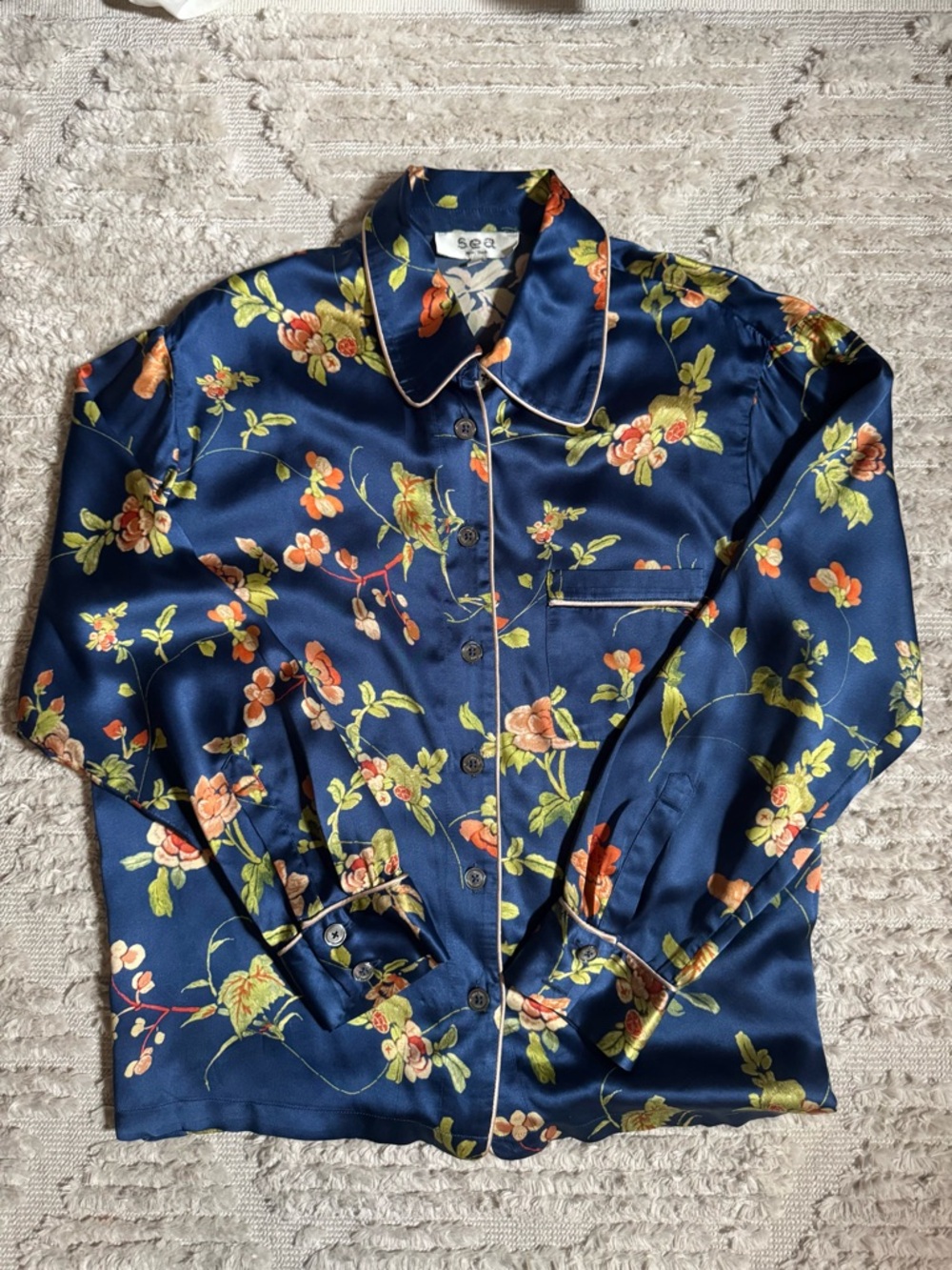 Sea New York Navy Floral Satin Button-Up Blouse